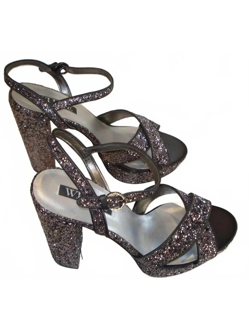 BNWT White by Vera Wang Grey & Black Glitter Heels / Sandals Women's Size 10